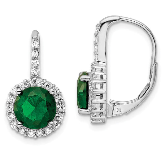 QCM1480 Cheryl M Sterling Silver Rhodium-plated Brilliant-cut Green Glass and Brilliant-cut White CZ Halo Leverback Earrings