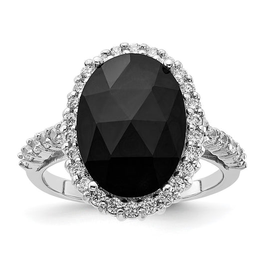 Cheryl M Sterling Silver Rhodium-plated Checker-cut Black CZ and Brilliant-cut White CZ Oval Halo Ring