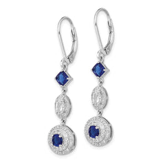 QCM1512 Cheryl M Sterling Silver Rhodium-plated Cushion-cut/Brilliant-cut Blue Glass and Brilliant-cut White CZ Leverback Dangle Earrings