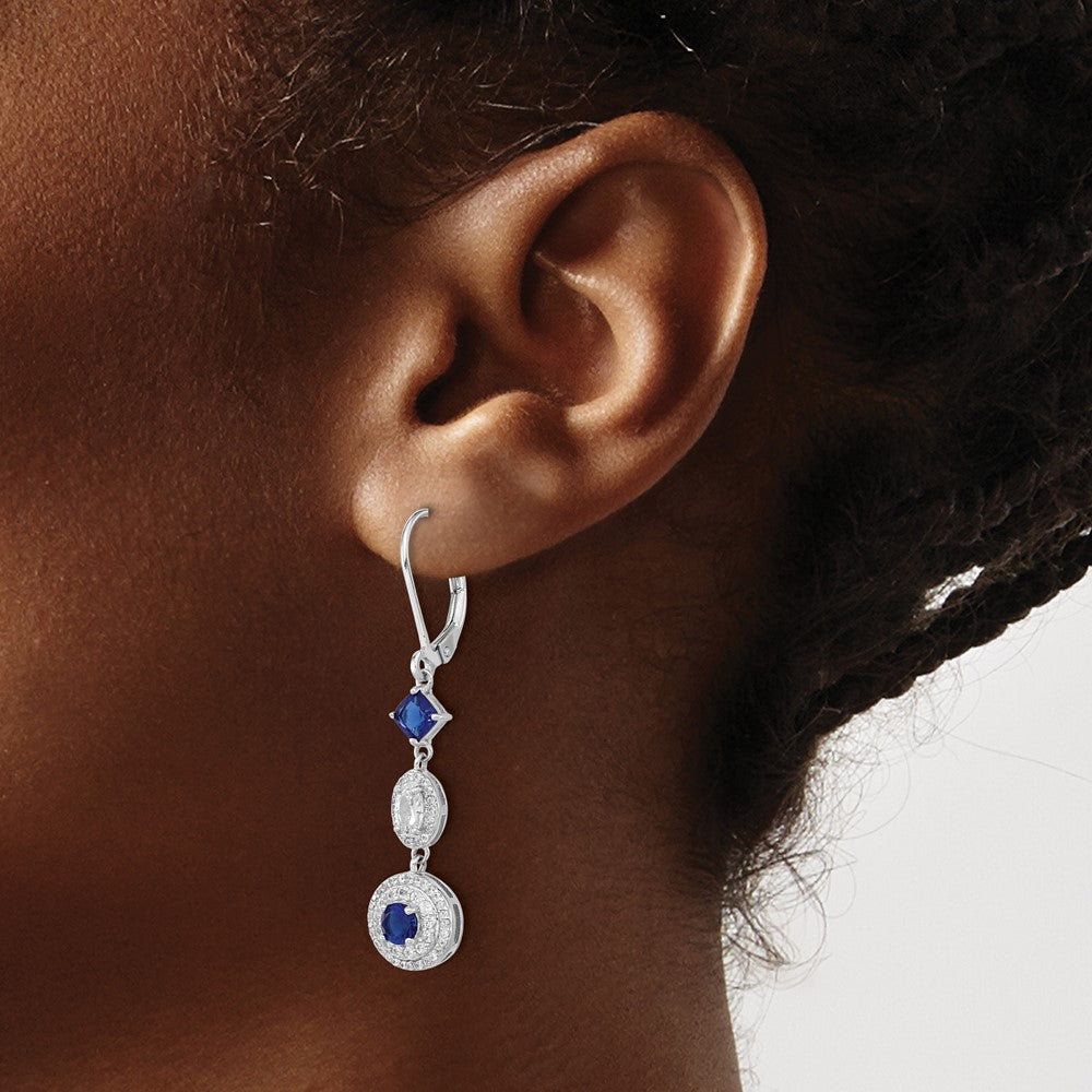 QCM1512 Cheryl M Sterling Silver Rhodium-plated Cushion-cut/Brilliant-cut Blue Glass and Brilliant-cut White CZ Leverback Dangle Earrings