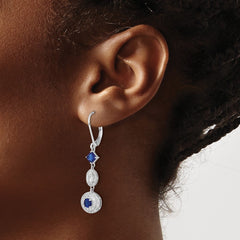QCM1512 Cheryl M Sterling Silver Rhodium-plated Cushion-cut/Brilliant-cut Blue Glass and Brilliant-cut White CZ Leverback Dangle Earrings