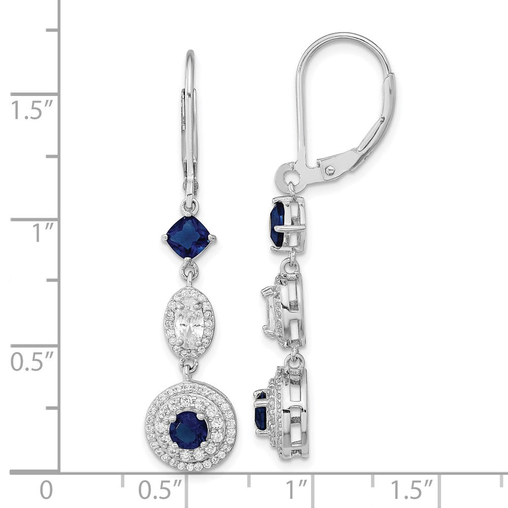 QCM1512 Cheryl M Sterling Silver Rhodium-plated Cushion-cut/Brilliant-cut Blue Glass and Brilliant-cut White CZ Leverback Dangle Earrings