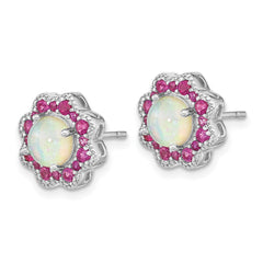 QCM1513 Cheryl M Sterling Silver Rhodium-plated Cabochon Lab Created Opal and Brilliant-cut Red Nano Crystal Flower Post Earrings