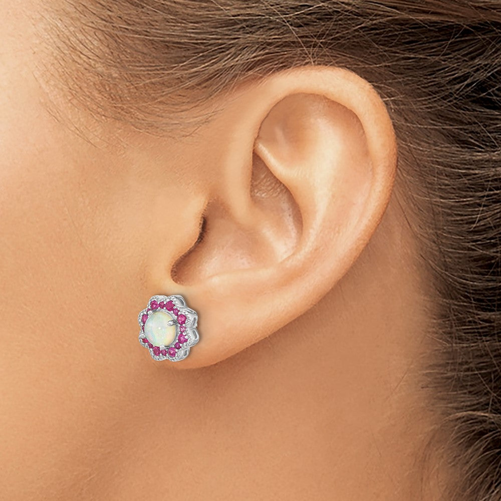QCM1513 Cheryl M Sterling Silver Rhodium-plated Cabochon Lab Created Opal and Brilliant-cut Red Nano Crystal Flower Post Earrings