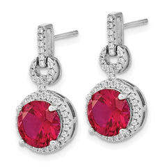 QCM1517 Cheryl M Sterling Silver Rhodium-plated Brilliant-cut Lab Created Ruby and Brilliant-cut White CZ Round Halo Post Dangle Earrings