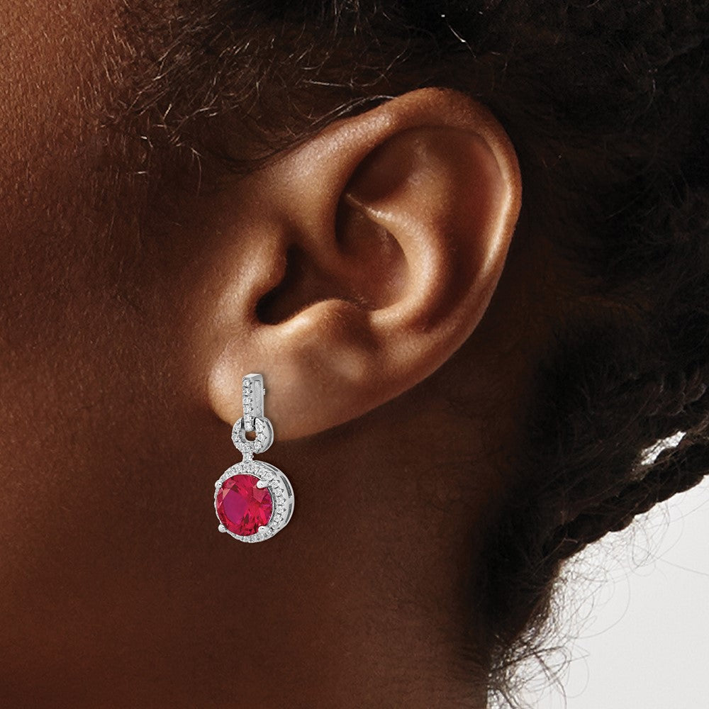 QCM1517 Cheryl M Sterling Silver Rhodium-plated Brilliant-cut Lab Created Ruby and Brilliant-cut White CZ Round Halo Post Dangle Earrings