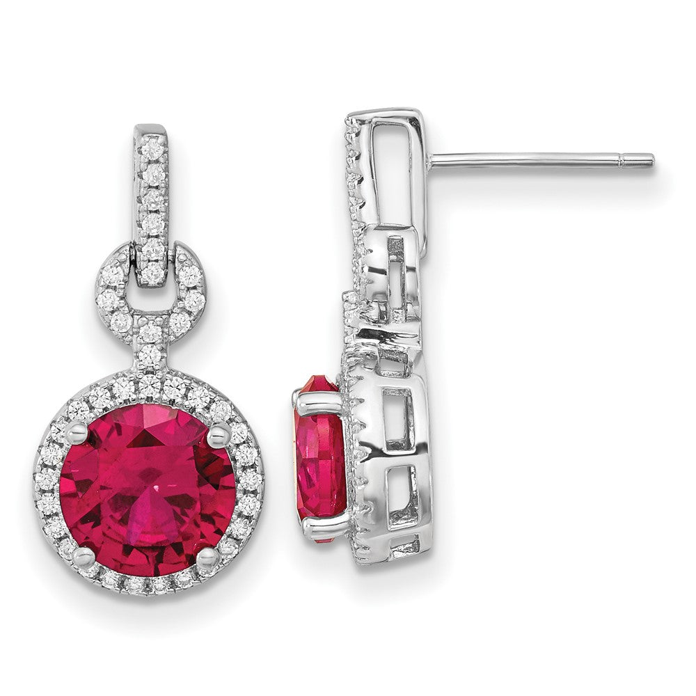 QCM1517 Cheryl M Sterling Silver Rhodium-plated Brilliant-cut Lab Created Ruby and Brilliant-cut White CZ Round Halo Post Dangle Earrings