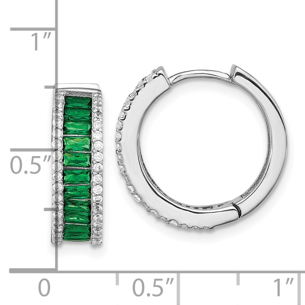 QCM1519 Cheryl M Sterling Silver Rhodium-plated Emerald-cut Green Nano Crystal and Brilliant-cut White CZ Round Hinged Hoop Earrings