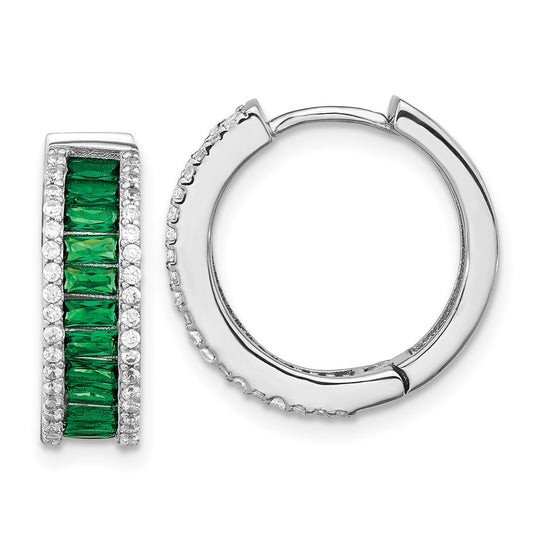 QCM1519 Cheryl M Sterling Silver Rhodium-plated Emerald-cut Green Nano Crystal and Brilliant-cut White CZ Round Hinged Hoop Earrings
