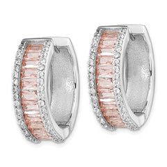 QCM1520 Cheryl M Sterling Silver Rhodium-plated Emerald-cut Pink Nano Crystal and White Brilliant-cut CZ Round Hinged Hoop Earrings