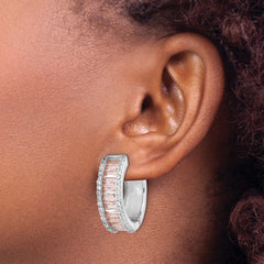 QCM1520 Cheryl M Sterling Silver Rhodium-plated Emerald-cut Pink Nano Crystal and White Brilliant-cut CZ Round Hinged Hoop Earrings