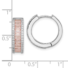 QCM1520 Cheryl M Sterling Silver Rhodium-plated Emerald-cut Pink Nano Crystal and White Brilliant-cut CZ Round Hinged Hoop Earrings