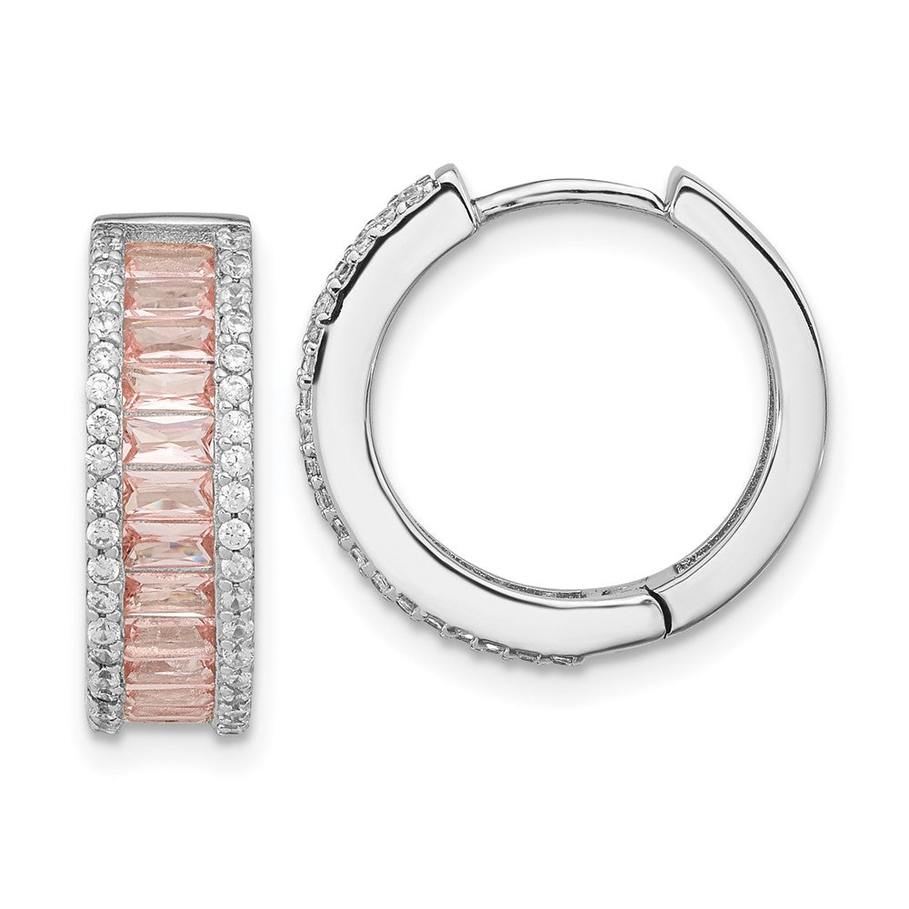 QCM1520 Cheryl M Sterling Silver Rhodium-plated Emerald-cut Pink Nano Crystal and White Brilliant-cut CZ Round Hinged Hoop Earrings