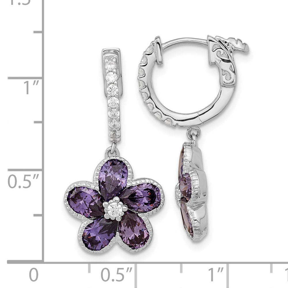 QCM1561 Cheryl M Sterling Silver Rhodium-plated Purple and White Brilliant-cut CZ Flower Hinged Hoop Dangle Earrings