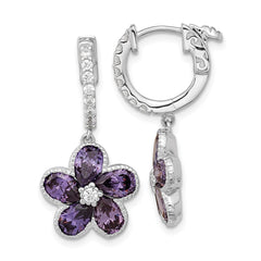 QCM1561 Cheryl M Sterling Silver Rhodium-plated Purple and White Brilliant-cut CZ Flower Hinged Hoop Dangle Earrings
