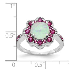 Cheryl M Sterling Silver Rhodium-plated Cabochon Lab Created Opal and Brilliant-cut Red Nano Crystal Flower Ring