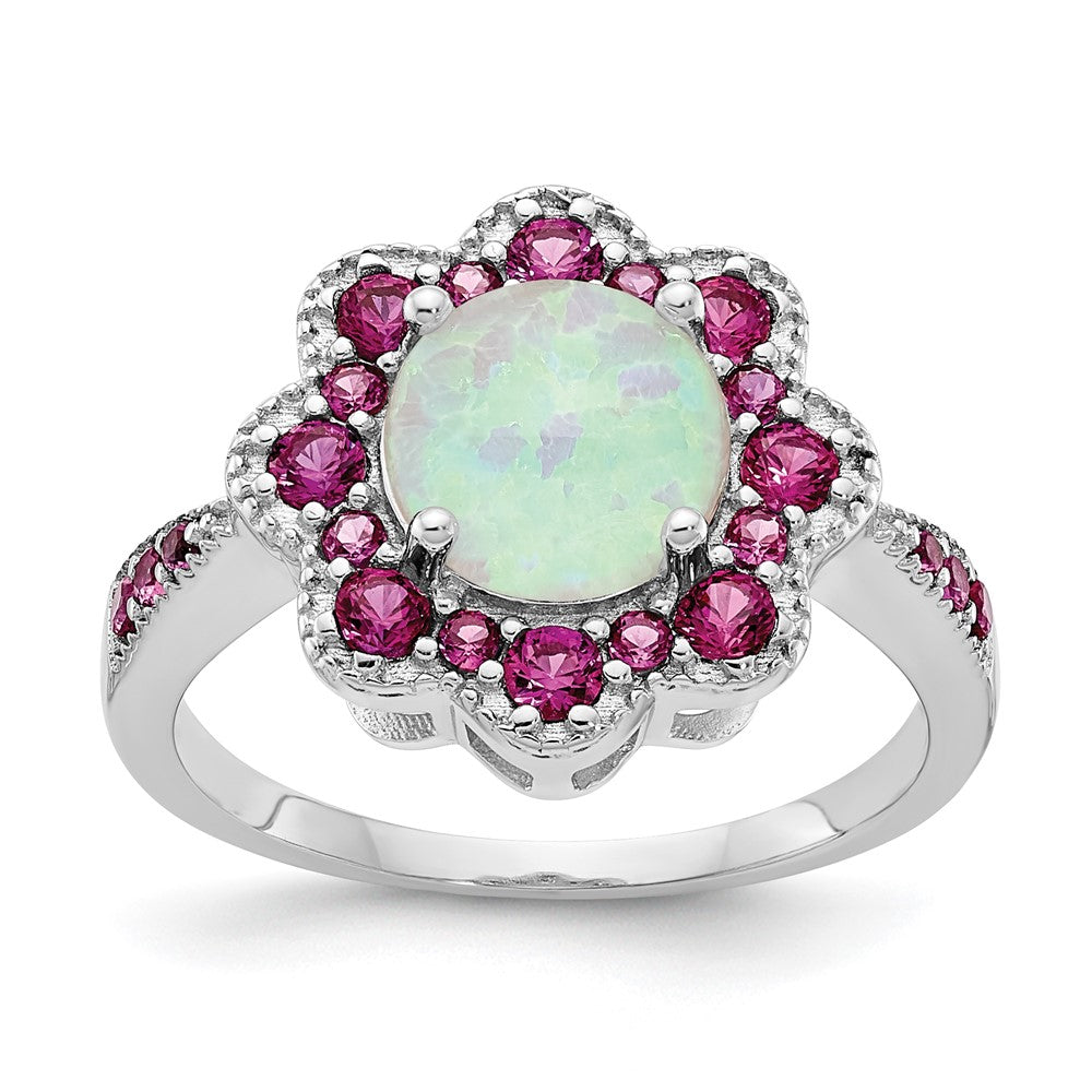 Cheryl M Sterling Silver Rhodium-plated Cabochon Lab Created Opal and Brilliant-cut Red Nano Crystal Flower Ring