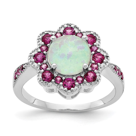Cheryl M Sterling Silver Rhodium-plated Cabochon Lab Created Opal and Brilliant-cut Red Nano Crystal Flower Ring