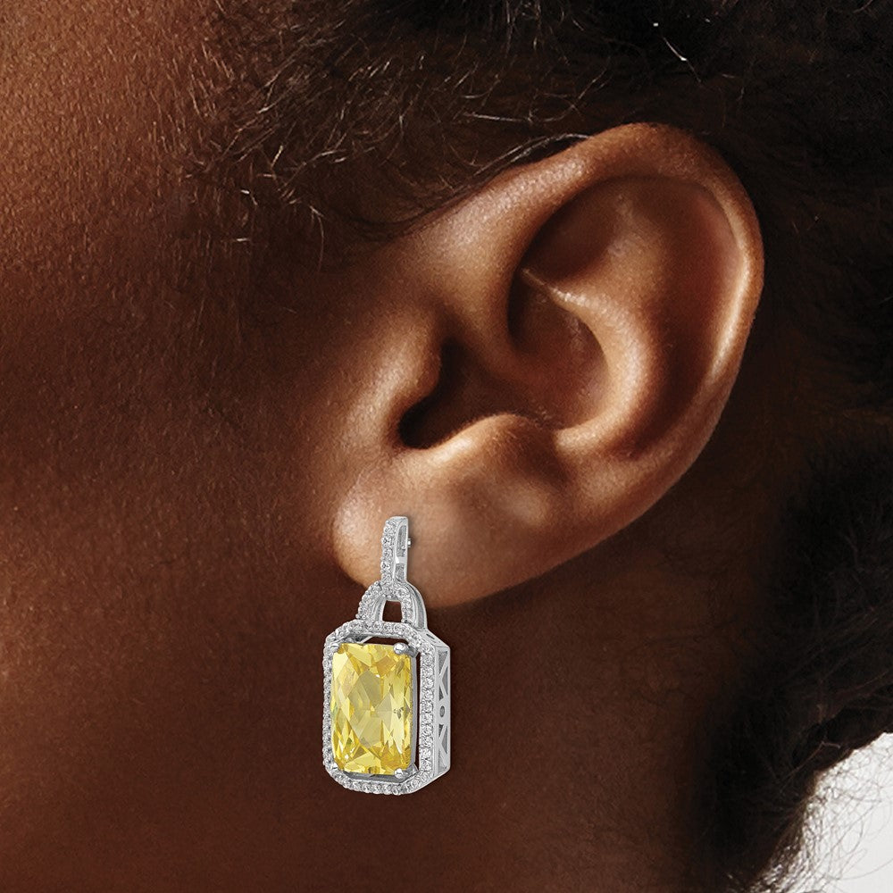 QCM1574 Cheryl M Sterling Silver Rhodium-plated Fancy Yellow Checkerboard-cut and White Brilliant-cut CZ Post Dangle Earrings