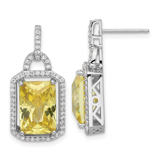 QCM1574 Cheryl M Sterling Silver Rhodium-plated Fancy Yellow Checkerboard-cut and White Brilliant-cut CZ Post Dangle Earrings