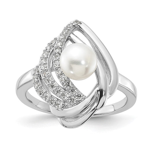 Cheryl M Sterling Silver Rhodium-plated Freshwater Cultured Pearl and Brilliant-cut CZ Fancy Teardrop Design Ring