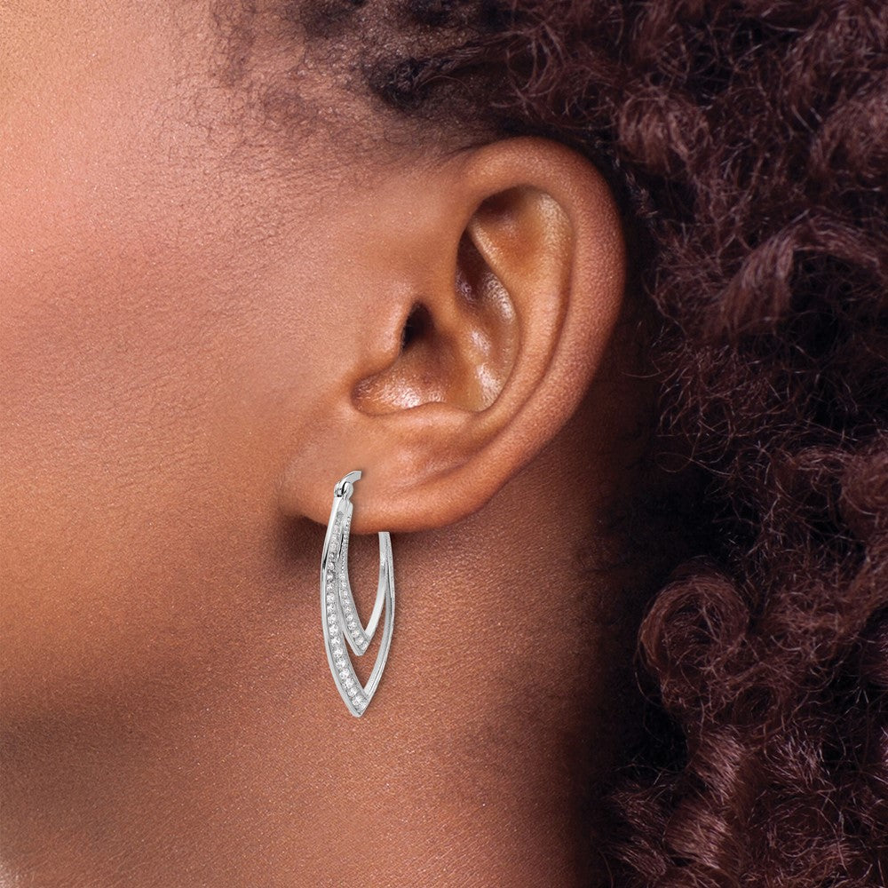 QCM1637 Cheryl M Sterling Silver Rhodium-plated Brilliant-cut CZ Double Marquise Shaped Hoop Earrings