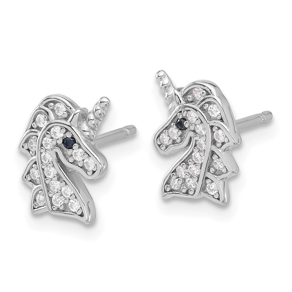 QCM1639 Cheryl M Sterling Silver Rhodium-plated Brilliant-cut Black & White CZ Unicorn Post Earrings
