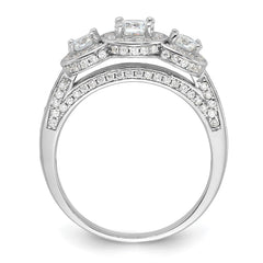 Cheryl M Sterling Silver Rhodium-plated Brilliant-cut CZ Three Stone Halo w/ Side Stones Ring