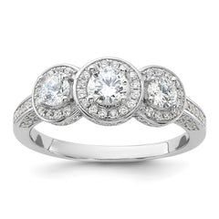 Cheryl M Sterling Silver Rhodium-plated Brilliant-cut CZ Three Stone Halo w/ Side Stones Ring