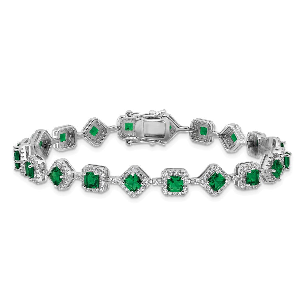 Cheryl M Sterling Silver Rhodium-plated Fancy Cushion-cut Green Glass and Brilliant-cut White CZ 7.5 Inch Bracelet QCM1664-7.5
