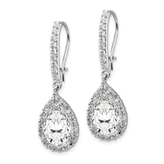 QCM168 Cheryl M Sterling Silver Rhodium-plated Checkerboard-cut Pear Shaped and Brilliant-cut CZ Halo Kidney Wire Dangle Earrings
