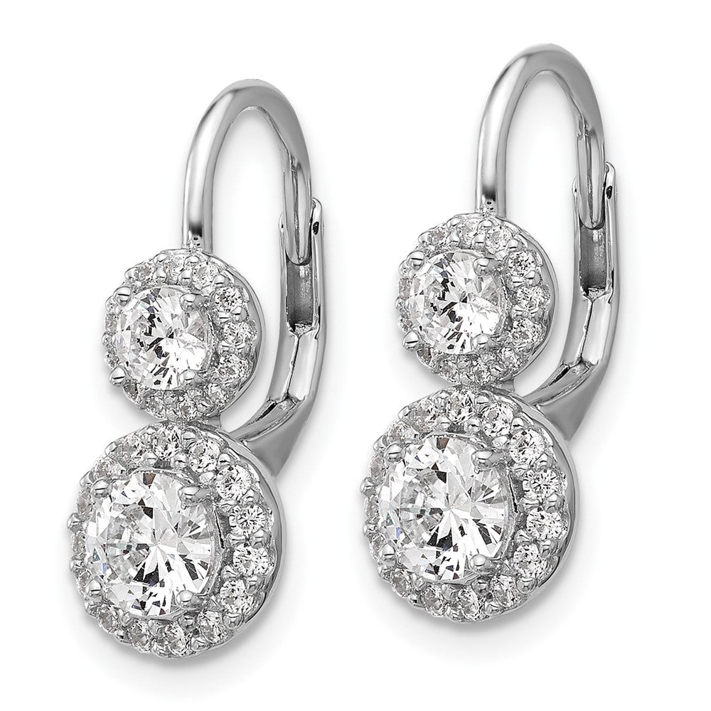 QCM1681 Cheryl M Sterling Silver Rhodium-plated Polished Double Round CZ Halo Leverback Earrings