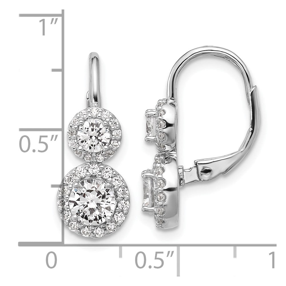 QCM1681 Cheryl M Sterling Silver Rhodium-plated Polished Double Round CZ Halo Leverback Earrings