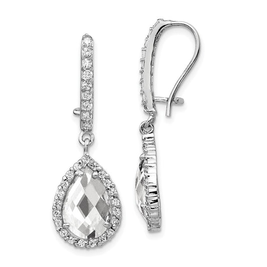 QCM168 Cheryl M Sterling Silver Rhodium-plated Checkerboard-cut Pear Shaped and Brilliant-cut CZ Halo Kidney Wire Dangle Earrings