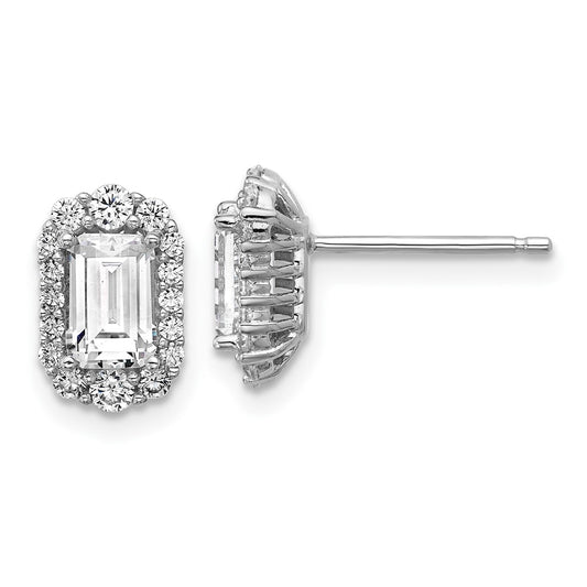 QCM1692 Cheryl M Sterling Silver Rhodium-plated Polished Emerald-cut CZ Halo Post Earrings