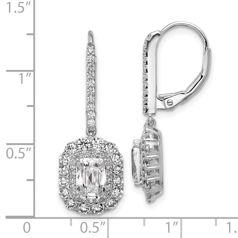 QCM1694 Cheryl M Sterling Silver Rhodium-plated Polished Fancy Emerald-cut CZ Halo Dangle Leverback Earrings