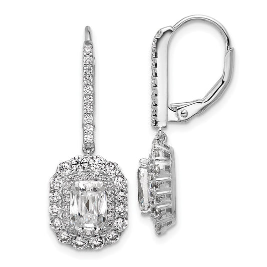 QCM1694 Cheryl M Sterling Silver Rhodium-plated Polished Fancy Emerald-cut CZ Halo Dangle Leverback Earrings