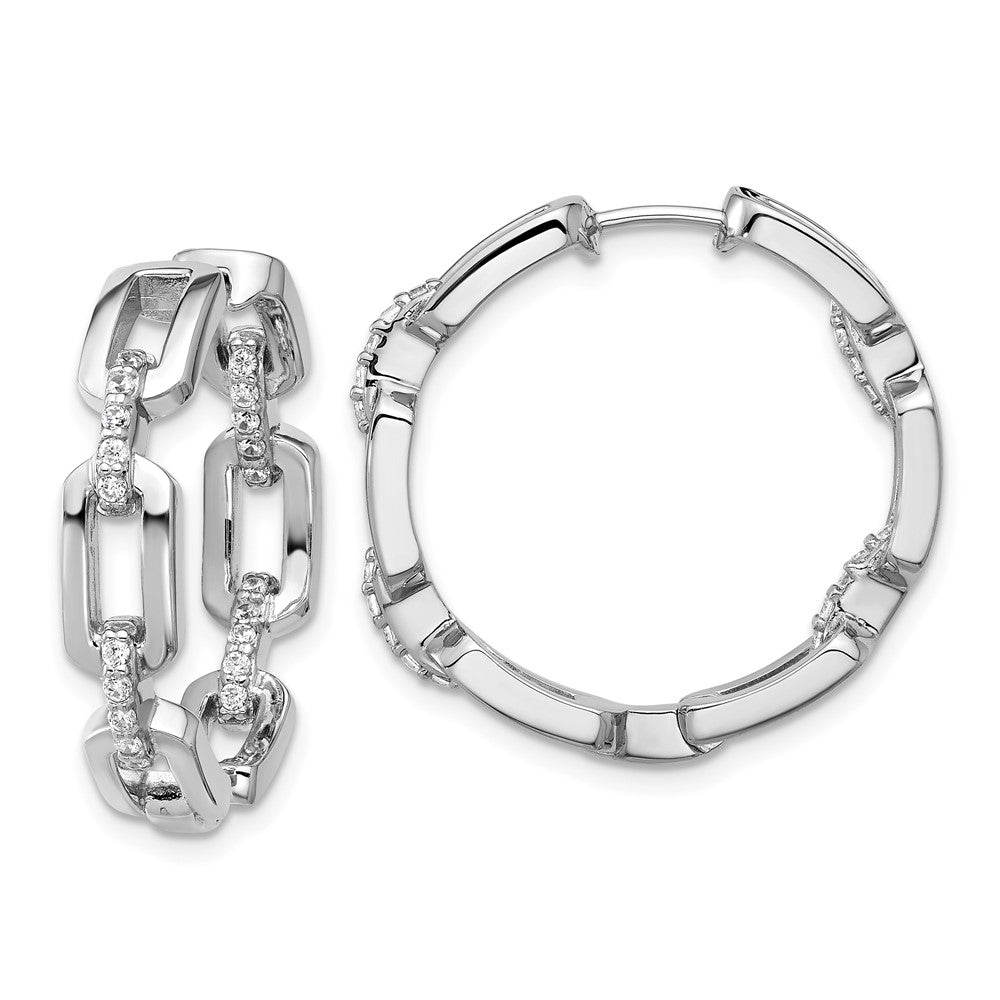 QCM1697 Cheryl M Sterling Silver Rhodium-plated Polished CZ Link In and Out Hinged Round Hoop Earrings