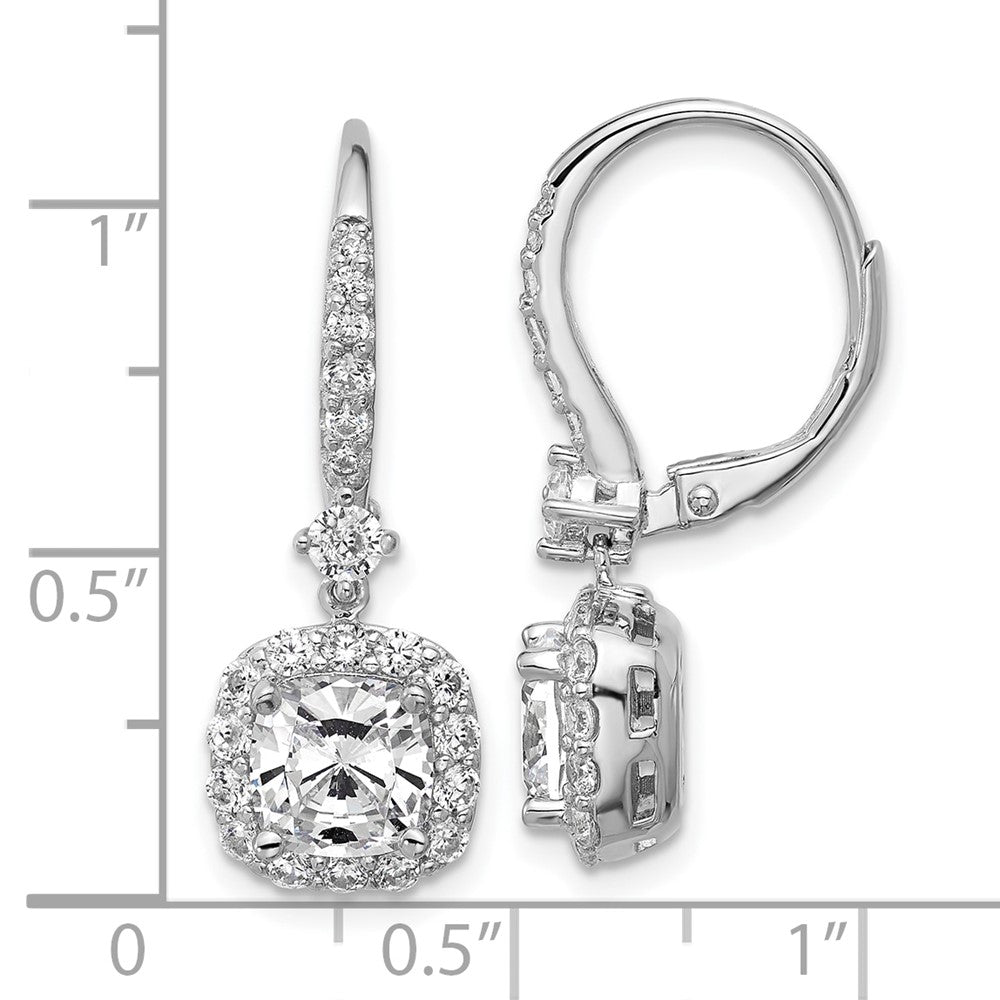 QCM1700 Cheryl M Sterling Silver Rhodium-plated Polished Cushion-cut CZ Halo Dangle Leverback Earrings