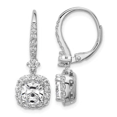 QCM1700 Cheryl M Sterling Silver Rhodium-plated Polished Cushion-cut CZ Halo Dangle Leverback Earrings