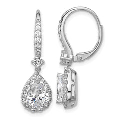 QCM1704 Cheryl M Sterling Silver Rhodium-plated Polished Pear CZ Halo Leverback Dangle Earrings