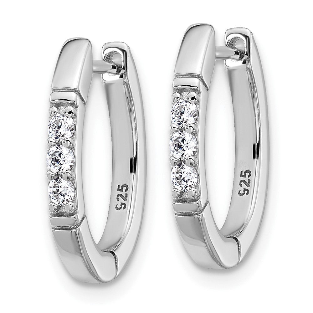 QCM1707 Cheryl M Sterling Silver Rhodium-plated Polished and Grooved CZ Oval Hinged Hoop Earrings