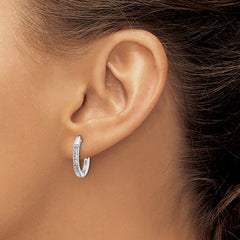 QCM1707 Cheryl M Sterling Silver Rhodium-plated Polished and Grooved CZ Oval Hinged Hoop Earrings