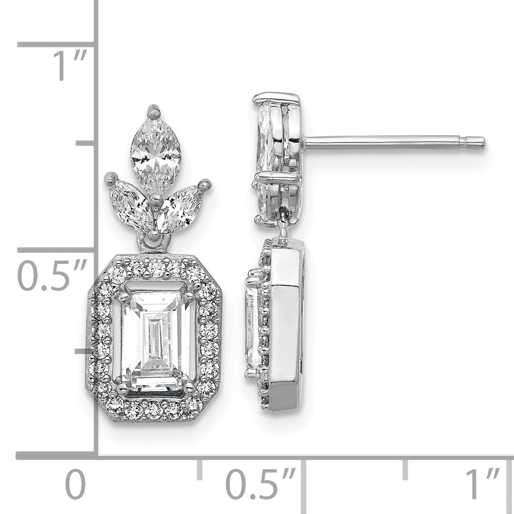 QCM1711 Cheryl M Sterling Silver Rhodium-plated Polished Fancy Emerald-cut CZ Halo Post Dangle Earrings