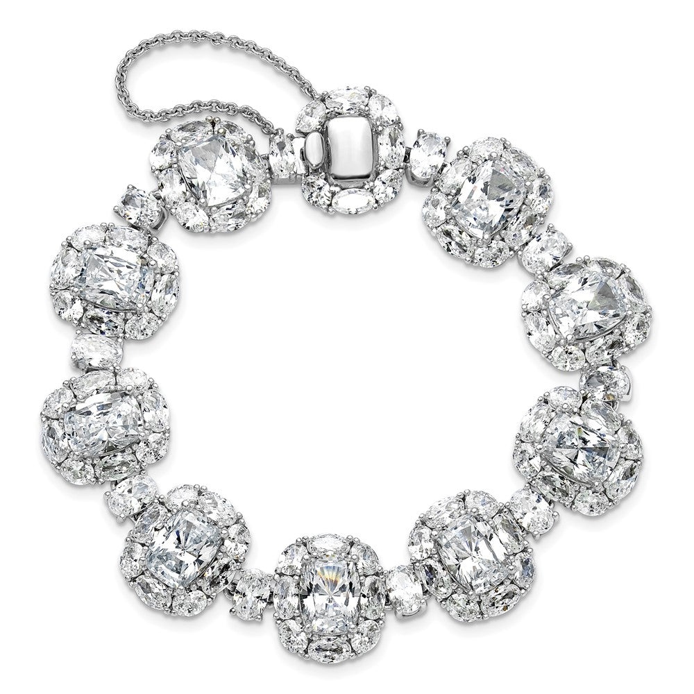 Cheryl M Sterling Silver Rhodium-plated Polished Fancy Cushion-cut CZ Halo Cluster with Safety Chain Bracelet QCM1714-7
