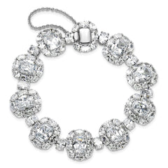 Cheryl M Sterling Silver Rhodium-plated Polished Fancy Cushion-cut CZ Halo Cluster with Safety Chain Bracelet QCM1714-7