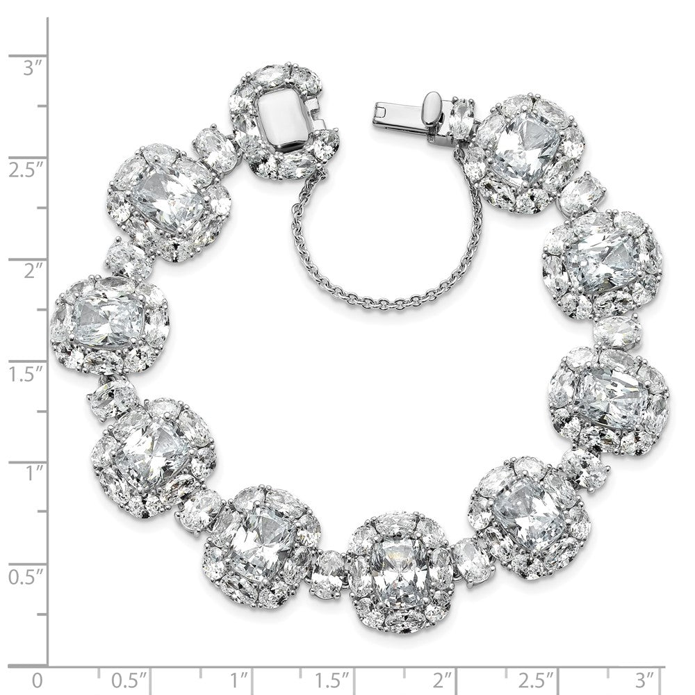 Cheryl M Sterling Silver Rhodium-plated Polished Fancy Cushion-cut CZ Halo Cluster with Safety Chain Bracelet QCM1714-7