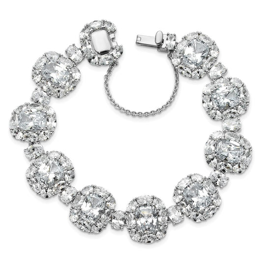 Cheryl M Sterling Silver Rhodium-plated Polished Fancy Cushion-cut CZ Halo Cluster with Safety Chain Bracelet QCM1714-7