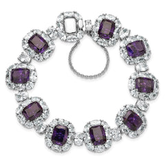 Cheryl M Sterling Silver Rhodium-plated Polished Fancy Purple and White CZ Halo Cluster with Safety Chain 7 Inch Bracelet QCM1714PUR-7