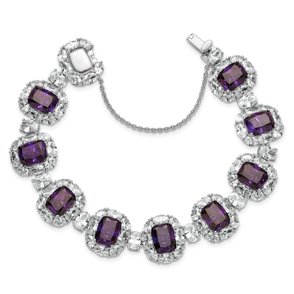 Cheryl M Sterling Silver Rhodium-plated Polished Fancy Purple and White CZ Halo Cluster with Safety Chain 7 Inch Bracelet QCM1714PUR-7